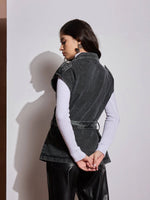 Women Black Washed Pocket Detail Sleeveless Belted Jacket-SFJCKT6964