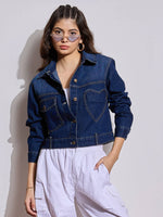 Women Blue Denim Heart Pockets Crop Jacket-SFJCKT6965