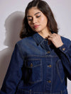 Women Blue Denim Heart Pockets Crop Jacket-SFJCKT6965