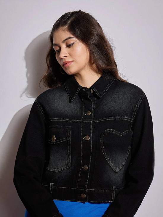 Women Black Denim Heart Pockets Crop Jacket-SFJCKT6966