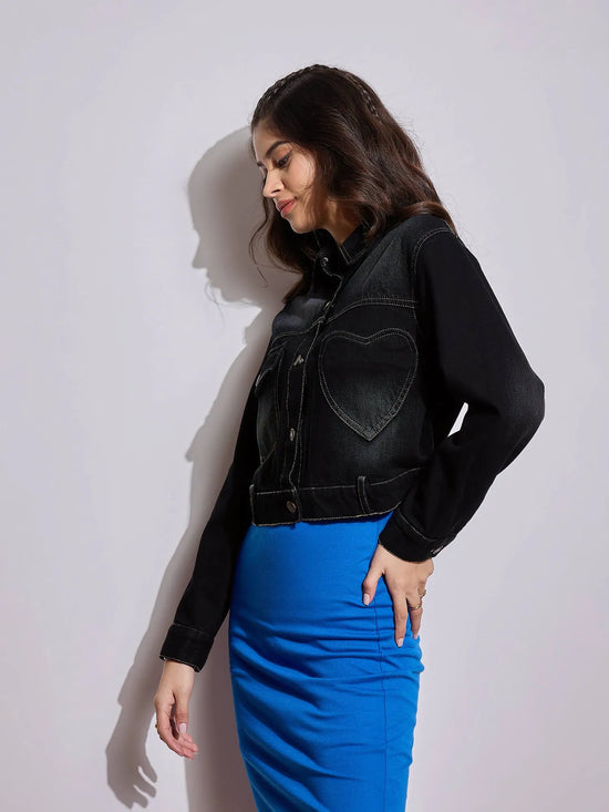 Women Black Denim Heart Pockets Crop Jacket-SFJCKT6966