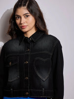 Women Black Denim Heart Pockets Crop Jacket-SFJCKT6966