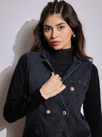 Women Black Denim Flap Pocket Sleeveless Jacket-SFJCKT6968