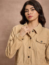 Women Beige Corduroy Full Sleeve Jacket-SFJCKT6969