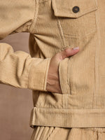 Women Beige Corduroy Full Sleeve Jacket-SFJCKT6969