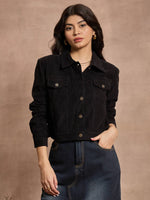 Women Black Courduroy Full Sleeve Jacket-SFJCKT6970