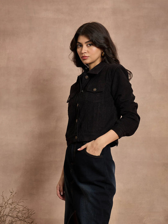 Women Black Courduroy Full Sleeve Jacket-SFJCKT6970