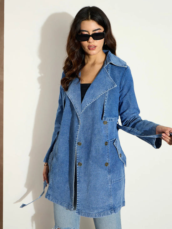 Women Blue Washed Denim Trench Coat-SFJCKT6977