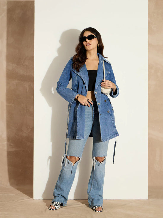 Women Blue Washed Denim Trench Coat-SFJCKT6977