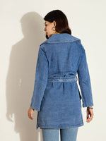 Women Blue Washed Denim Trench Coat-SFJCKT6977