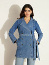 Women Blue Washed Denim Trench Coat-SFJCKT6977