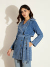 Women Blue Washed Denim Trench Coat-SFJCKT6977