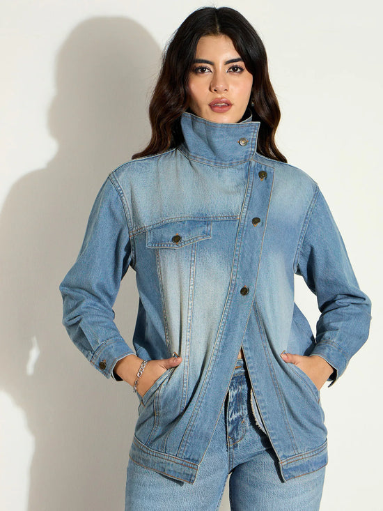 Women Blue Acid Washed Denim High Neck Jacket-SFJCKT6979