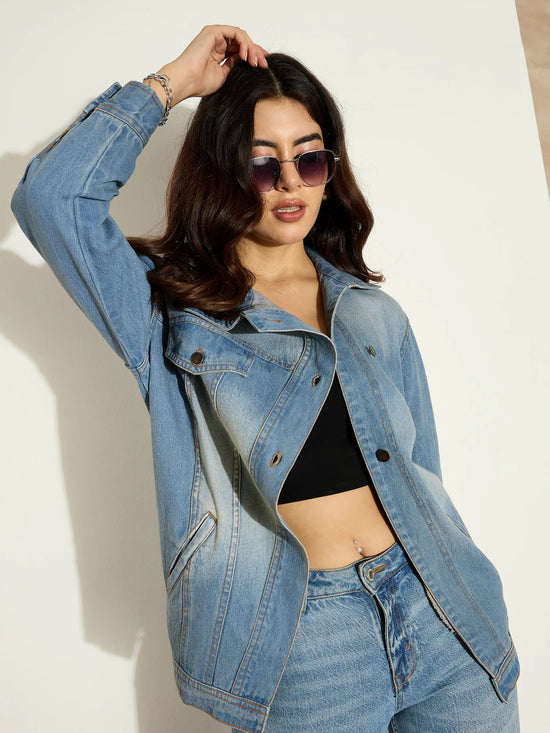 Women Blue Acid Washed Denim High Neck Jacket-SFJCKT6979