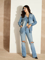 Women Blue Acid Washed Denim High Neck Jacket-SFJCKT6979