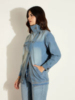 Women Blue Acid Washed Denim High Neck Jacket-SFJCKT6979