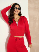 Women Red Terry Front Zipper Crop Jacket-SFJCKT6985