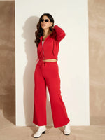 Women Red Terry Front Zipper Crop Jacket-SFJCKT6985