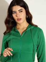 Women Green Terry Front Zipper Crop Jacket-SFJCKT6986