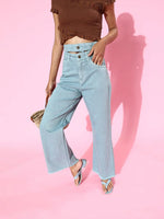 Teal Blue Double Waistband Wide Leg Jeans