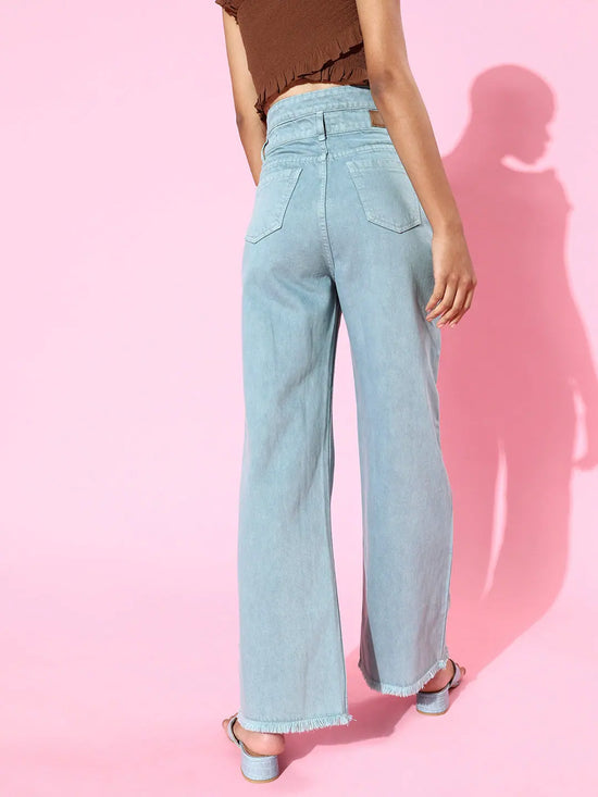 Teal Blue Double Waistband Wide Leg Jeans