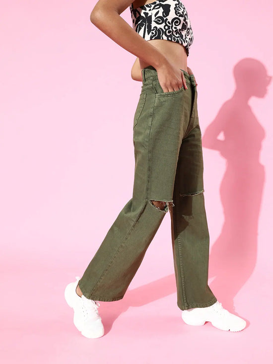 Olive Wide Leg Mid Rise Knee-Slit Jeans