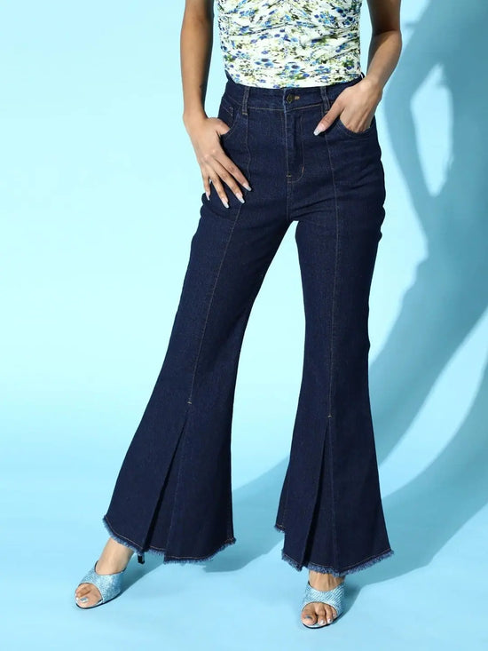 Navy Blue Front Slit Bell Bottom Jeans