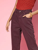 Women Burgundy High Waist Mom Fit Jeans