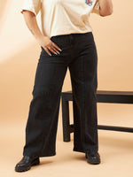 Women Black Acid Wash High Waist Seam Detail Straight Jeans