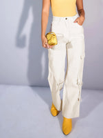 Women White Twill Looped Straps Cargo Jeans-SFJEAN0560