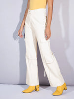 Women White Twill Looped Straps Cargo Jeans-SFJEAN0560