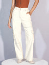 Women White Twill Contrast Stitch Cargo Jeans-SFJEAN0561