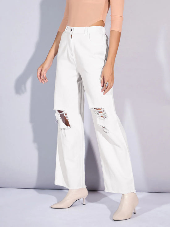 Women White Twill Distress Frayed Hem Jeans-SFJEAN0562