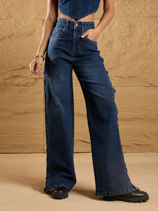 Women Blue Washed Side Dori Straight Fit Jeans-SFJEAN0563