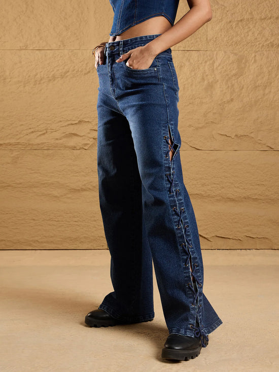 Women Blue Washed Side Dori Straight Fit Jeans-SFJEAN0563