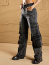 Women Black Washed Multi Pockets Cargo Jeans-SFJEAN0564