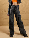 Women Black Washed Multi Pockets Cargo Jeans-SFJEAN0564