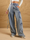 Women Blue Acid Wash Side Pockets Cargo Jeans-SFJEAN0567