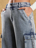 Women Blue Acid Wash Side Pockets Cargo Jeans-SFJEAN0567