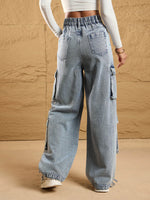 Women Blue Acid Wash Side Pockets Cargo Jeans-SFJEAN0567