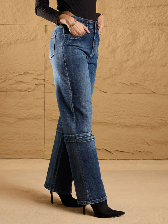 Women Blue Wash Knee Slit Straight Fit Jeans-SFJEAN0568