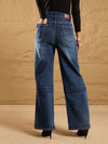 Women Blue Wash Knee Slit Straight Fit Jeans-SFJEAN0568