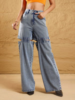 Women Blue Acid Wash Thigh Cut-Out Straight Fit Jeans-SFJEAN0569