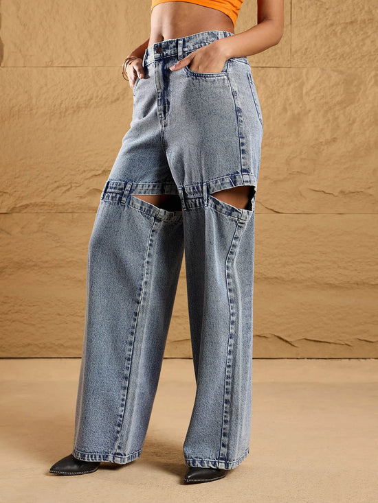 Women Blue Acid Wash Thigh Cut-Out Straight Fit Jeans-SFJEAN0569