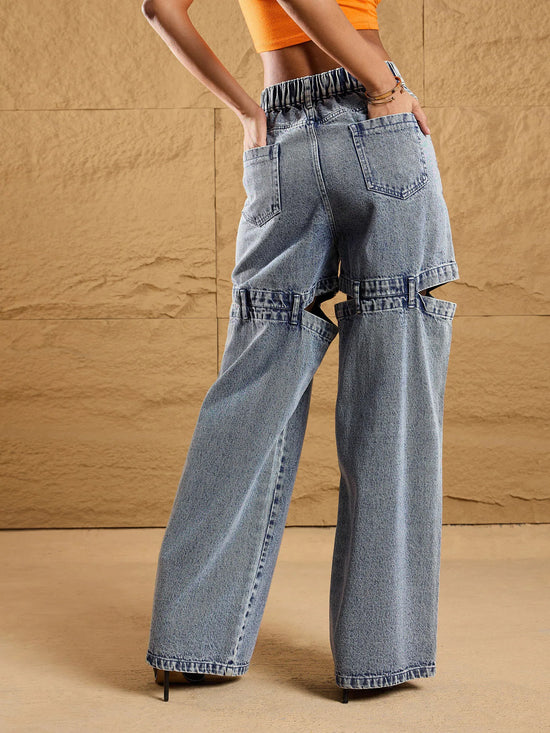 Women Blue Acid Wash Thigh Cut-Out Straight Fit Jeans-SFJEAN0569