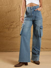 Women Blue Acid Wash Multi Pockets Cargo Jeans-SFJEAN0570