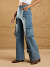 Women Blue Acid Wash Multi Pockets Cargo Jeans-SFJEAN0570