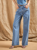 Women Blue Washed Stud Work Straight Fit Jeans-SFJEAN0571