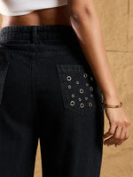 Women Black Washed Eyelet Detail Straight Fit Jeans-SFJEAN0574