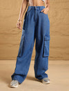 Women Blue Washed Box Pockets Straight Fit Jeans-SFJEAN0577